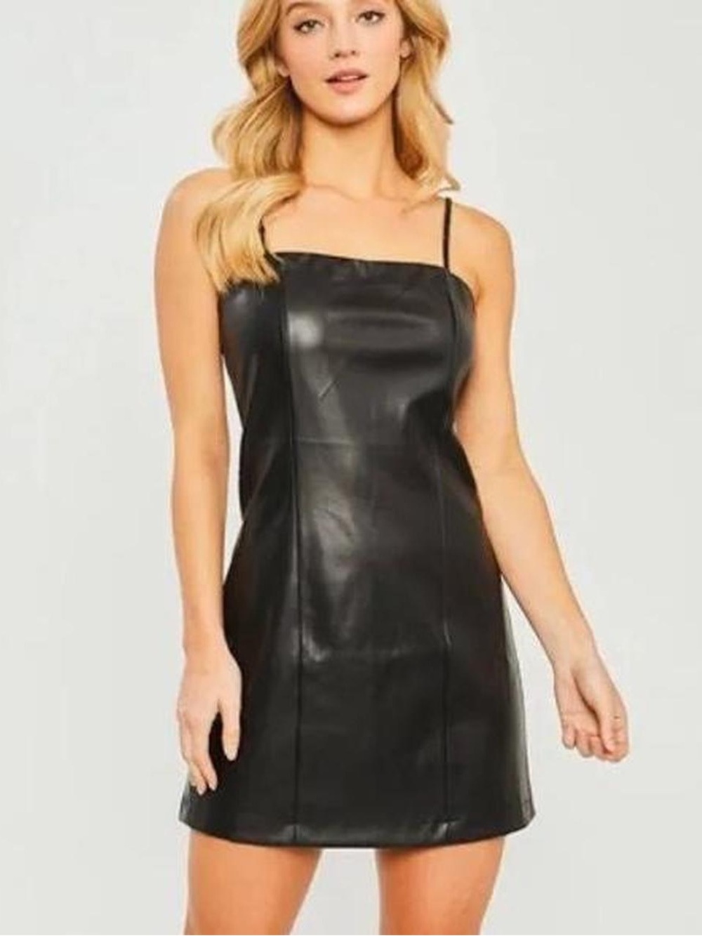 H&M Black Faux Leather Spaghetti-Strap Mini Dress